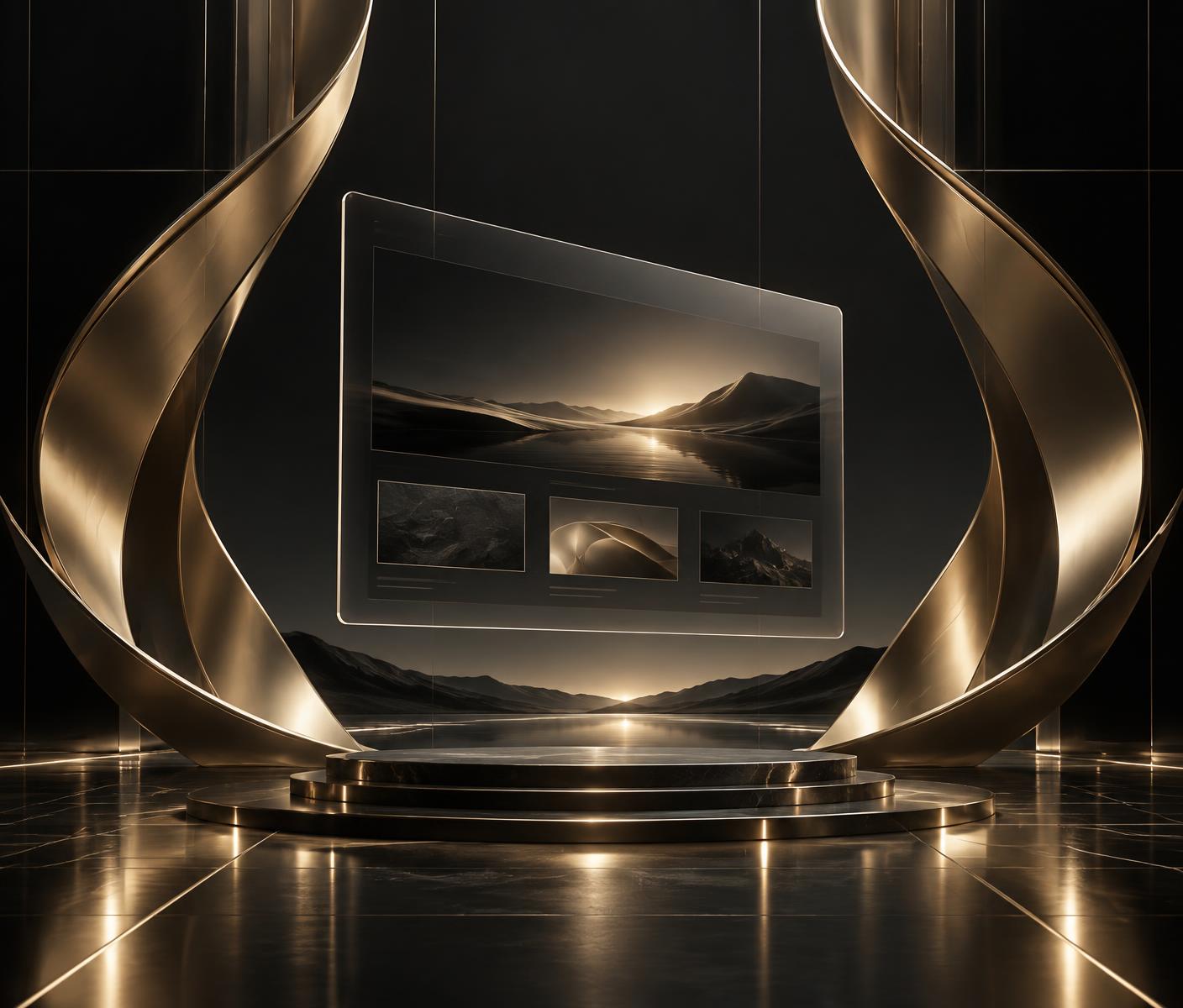 Sculptural gold forms framing a premium digital website experience